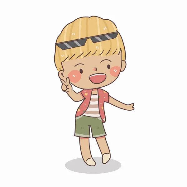 Cute Little Boy Stand Show Finger Vector Illustration — Vettoriale Stock