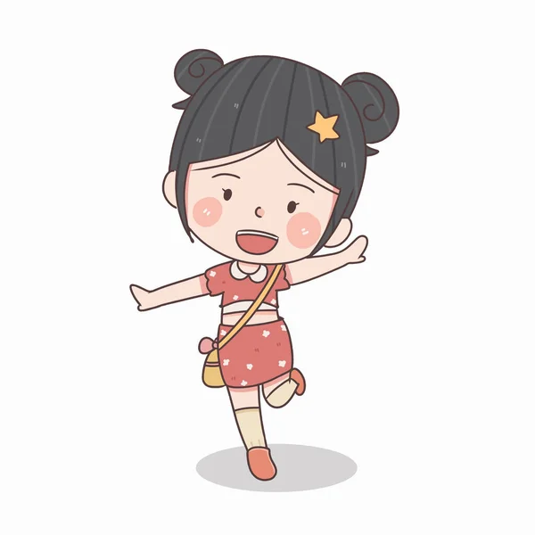 Cute Little Chinese Girl Walk Running Vector Illustration — Stock vektor