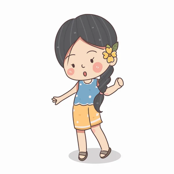 Cute Little Girl Stand Wave Hand Vector Illustration — ストックベクタ