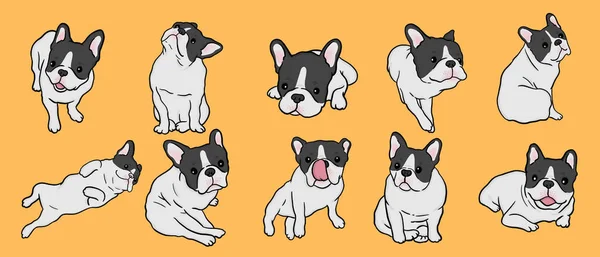 French Bulldogs Vector Bulldog Set Funny Cartoon Puppy Isolated Yellow — ストックベクタ