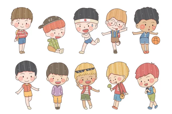 Set Cute Boy Pose Showing Different Character — Stockvector