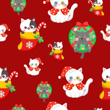 cute cat and kitty for Christmas day seamless pattern wallpaper background 