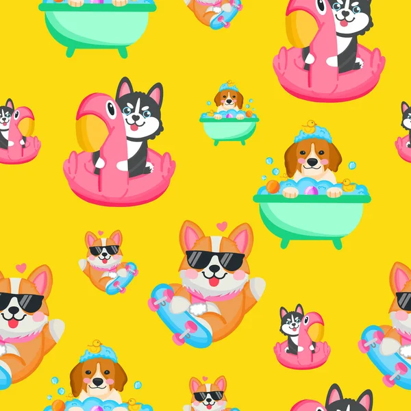 seamless pattern cute dog animals on yellow background