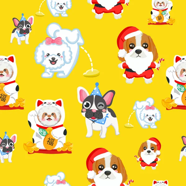 Seamless Pattern Cute Dog Animals Yellow Background — Wektor stockowy