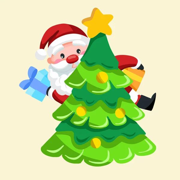 Santa Clause Holding Gift Christmas Tree — 스톡 벡터