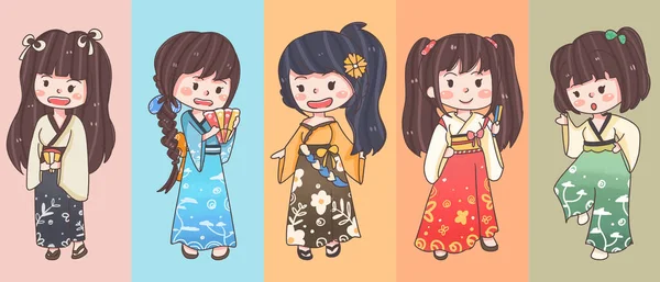 Set Cute Japanese Girl — Vettoriale Stock