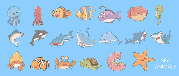 Колекція Риби Дикі Морські Тварини Ізольовані Синьому Фоні Мешканці Морського — стоковий вектор