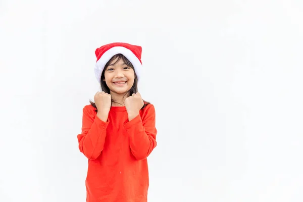 Asiático Menina Vermelho Santa Chapéu Fundo Branco — Fotografia de Stock