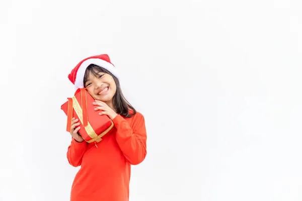 Щаслива Азіатська Дитина Санта Червоному Капелюсі Проводить Різдвяні Подарунки Різдвяний — стокове фото