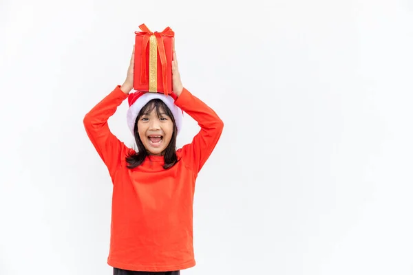 Happy Asian Child Santa Red Hat Holding Christmas Presents Christmas — Stock Photo, Image