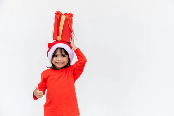 Happy Asian Child Santa Red Hat Holding Christmas Presents Christmas — Stock Photo, Image