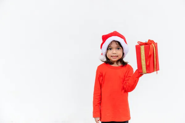 Happy Asian Child Santa Red Hat Holding Christmas Presents Christmas — Stock Photo, Image