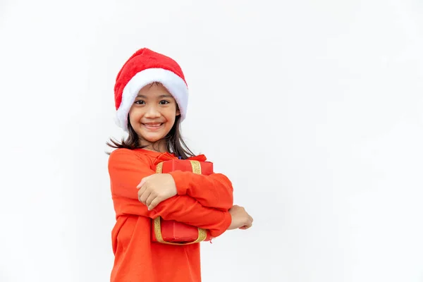 Criança Asiática Feliz Santa Chapéu Vermelho Segurando Presentes Natal Natal — Fotografia de Stock