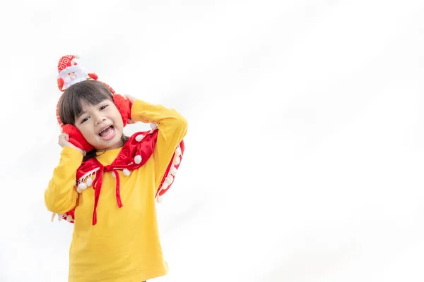 Asian Little Girl Red Santa Hat White Background — Stock Photo, Image