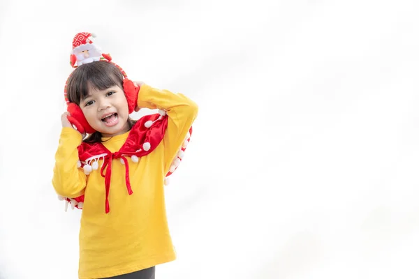 Asian Little Girl Red Santa Hat White Background — Stock Photo, Image