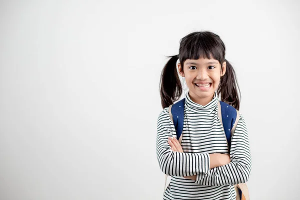 Porträtt Asiatiskt Barn Skoluniform Med Skolväska Vit Bakgrund — Stockfoto