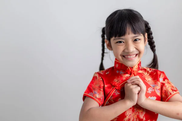 Happy Chinese New Year Little Asian Girls Congratulation Gesture — 图库照片