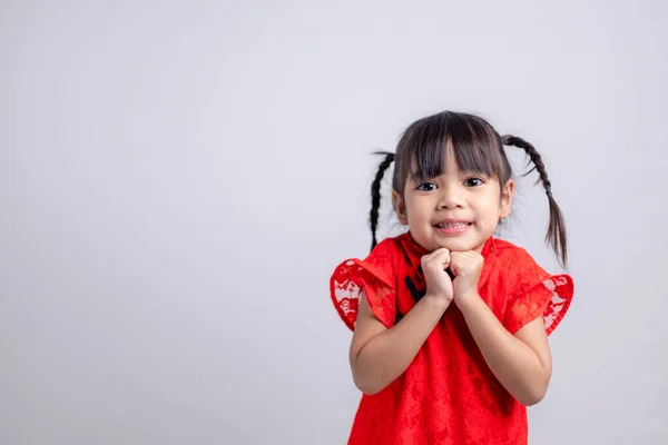 Happy Chinese New Year Little Asian Girls Congratulation Gesture — стоковое фото