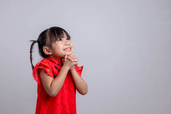 Happy Chinese New Year Little Asian Girls Congratulation Gesture — стоковое фото