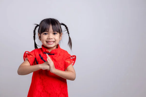 Happy Chinese New Year Little Asian Girls Congratulation Gesture — стокове фото