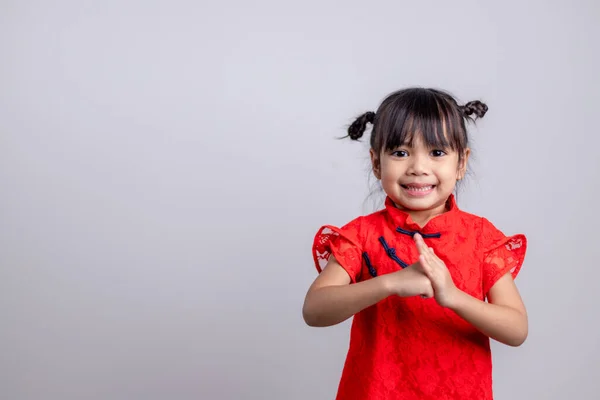 Happy Chinese New Year Little Asian Girls Congratulation Gesture — стокове фото