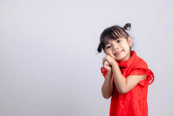 Happy Chinese New Year Little Asian Girls Congratulation Gesture — стоковое фото