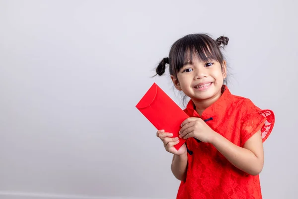 Happy Little Asian Girl Chinese Traditional Dress Smiling Holding Red — 图库照片