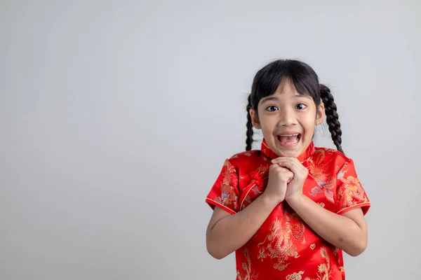 Happy Chinese New Year Little Asian Girls Congratulation Gesture — 图库照片