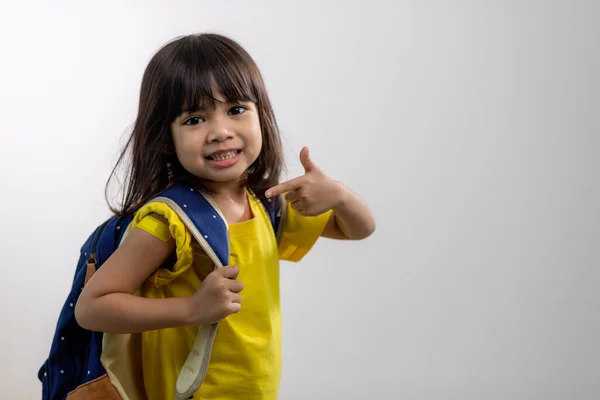 Asian Young Girl Showing Her Arm Yellow Bandage Got Vaccinated — Zdjęcie stockowe