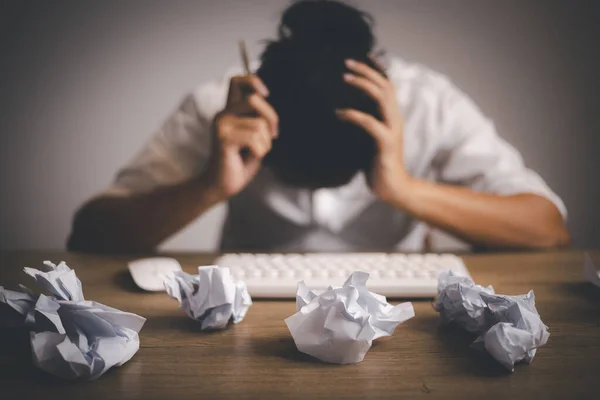 Businessman Sitting Head Hands Desk Covered Crumpled Papers Office Worker — Stock Photo, Image