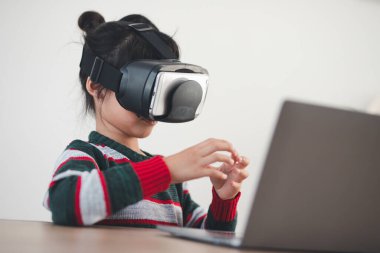 Happy girl in glasses of virtual reality. augmented reality, science, future technology concept. vr. futuristic 3d glasses 