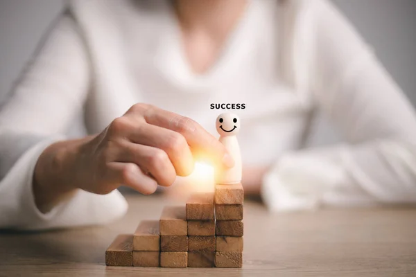 Businesswoman Holding Wooden Figures Climbing Stairs Success Career Development Job — Stock Photo, Image