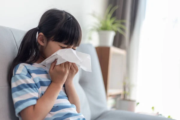 Unhealthy Kid Blowing Nose Tissue Child Suffering Running Nose Sneezing — Stock Photo, Image