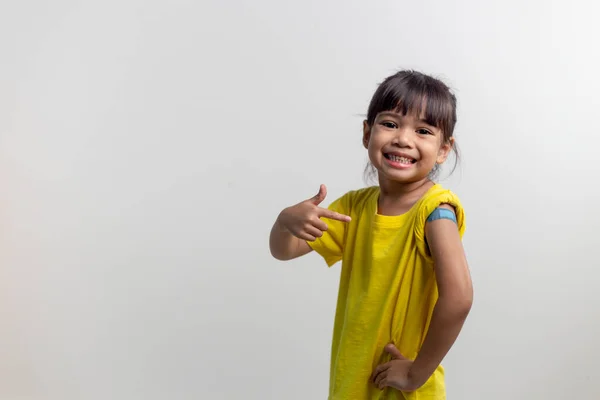 Covid Vaccines Kids Concept Studio Portrait Adorable Asian Girl Getting — Zdjęcie stockowe