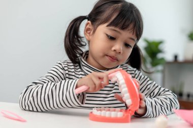 Küçük bir çocuk yapay çenelerle oynar. Çocuk dişçiliği.