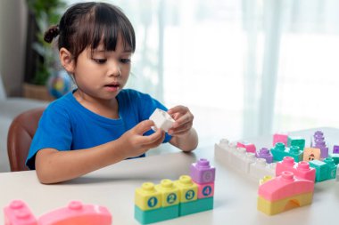 Küçük kız renkli bloklar oynuyor.