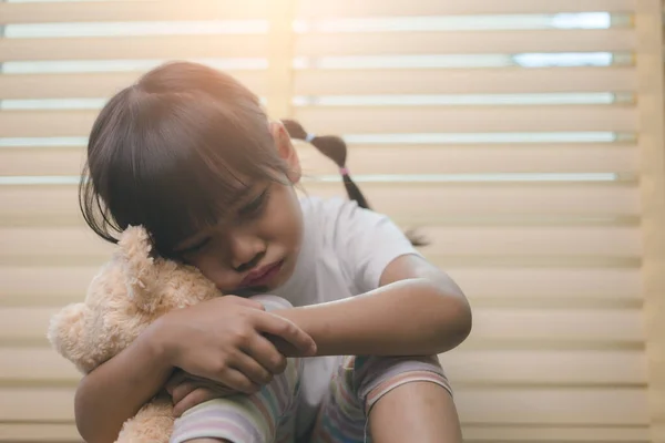 Close Lonely Little Girl Hugging Toy Sitting Home Alone Upset — Stock Photo, Image