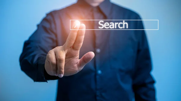 Pesquisa Dados Tecnologia Search Engine Optimization Mãos Homem Estão Usar — Fotografia de Stock