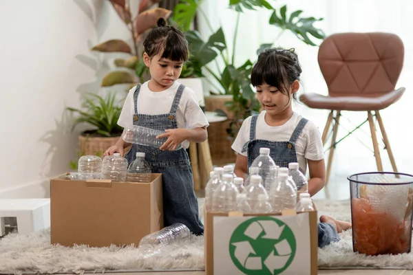 Smiling Children Having Fun While Segregating Plastic Bottles Paper Bin Stock Picture