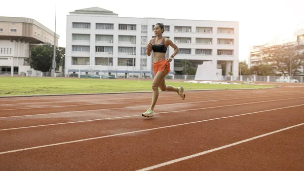 Woman Running Sunny Morning Stadium Track — Stock Photo, Image