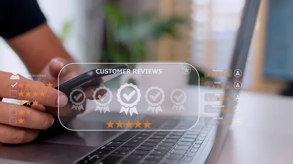 User give rating to service experience on online application, Customer review satisfaction feedback survey concept, Customer can evaluate quality of service leading to reputation ranking of business.