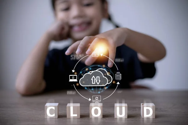 Cloud service technology concept with digital data storage icons.