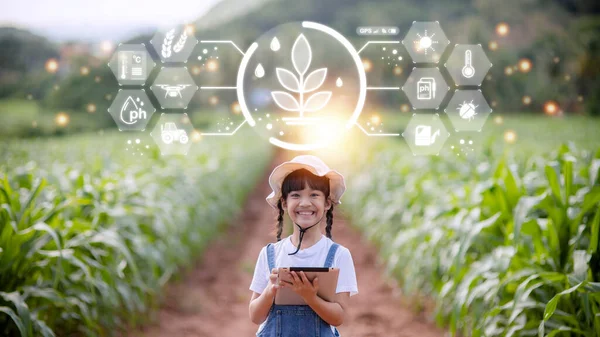 The little girl uses a tablet to analyze the growth of plants in the agricultural plot and visual icon., the agricultural technology concept. smart farming learning Concept