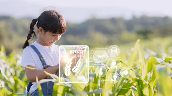 The little girl uses a tablet to analyze the growth of plants in the agricultural plot and visual icon., the agricultural technology concept. smart farming learning Concept