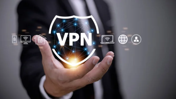 VPN secure connection concept. Person using Virtual Private Network technology to create encrypted tunnel to remote server on internet to protect data privacy or bypass censorship