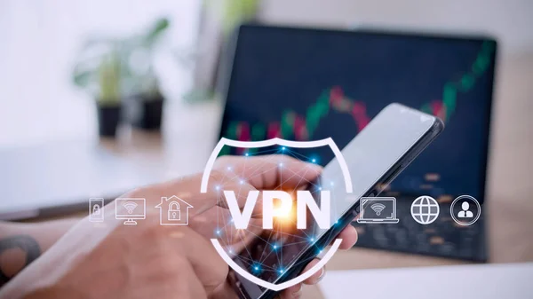 VPN secure connection concept. Person using Virtual Private Network technology to create encrypted tunnel to remote server on internet to protect data privacy or bypass censorship