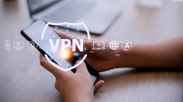 VPN secure connection concept. Person using Virtual Private Network technology to create encrypted tunnel to remote server on internet to protect data privacy or bypass censorship