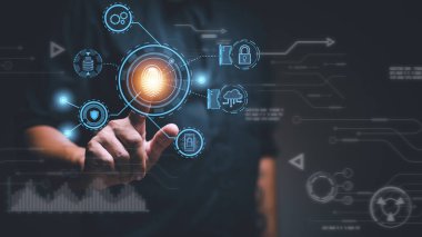 Technology fingerprint scan provides security. digital transformation change management,new technology big data and business process strategy, automate operation, customer service management.