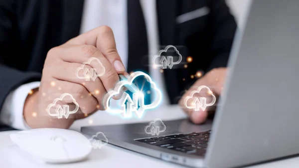 Cloud computing concept - connect to cloud. Businessman or information technologist click on cloud computing icon.