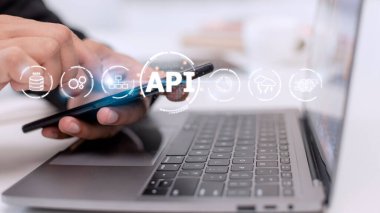 API - Uygulama Programı Arayüzü. Yazılım geliştirme aracı. İş, modern teknoloji, İnternet ve ağ kurma kavramı.